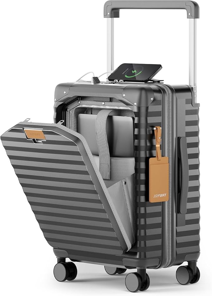 Joyway 20 Inch Carry on Luggage with Front Pocket, PC Hardshell Carry-on Suitcase with USB Port and Cup Holder, 21.5x14.2x9 Airline Approved, Luggage with Spinner Wheels and TSA Lock (Grey)