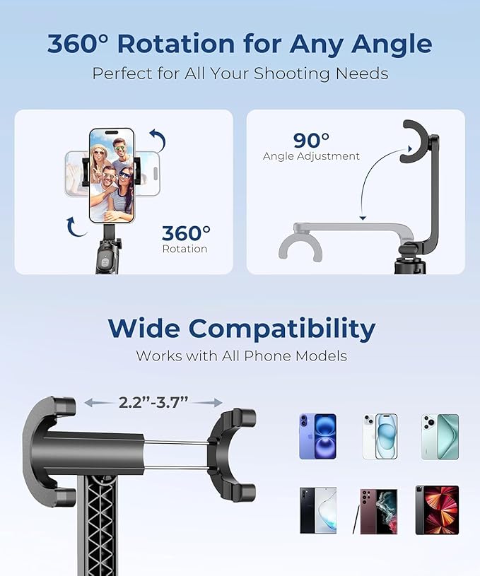 67‘’ Selfie Stick Travel Tripod, Extendable Tripod for iPhone with Wireless Remote Control and Phone Holder, iPhone Stand for Photograph, Compatible with All Cell Phones, Black