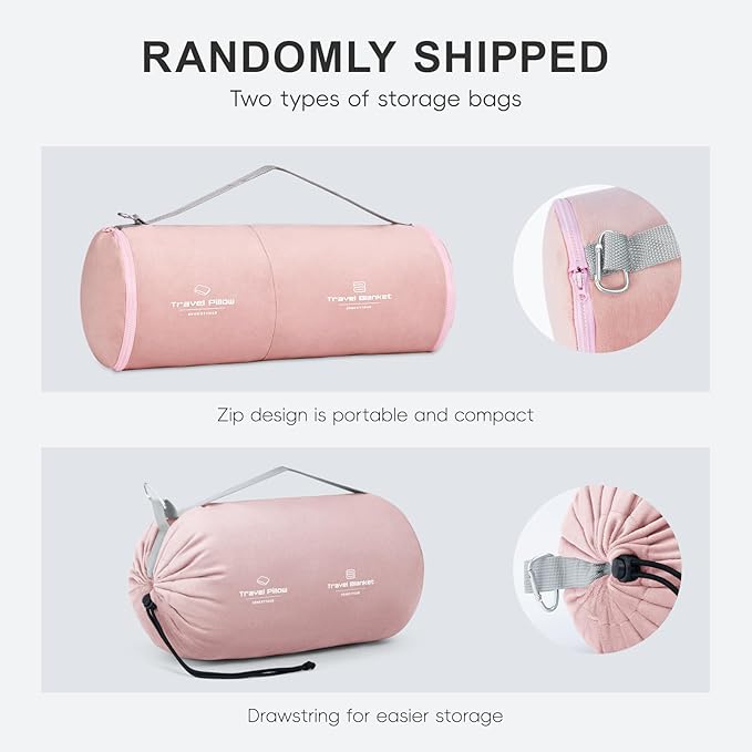 Travel Pillow and Blanket Set Neck Pillows Soft Blankets with Sleep Mask Travel Essentials for Airplane Car Memory Foam Pink
