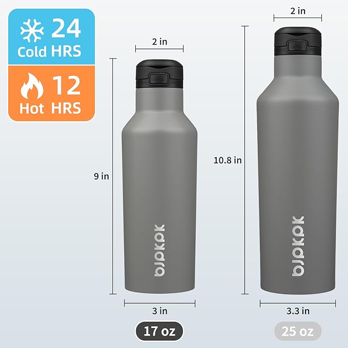 BJPKPK Insulated Water Bottle With Straw 17oz Stainless Steel Water Bottles With 2 Lids And Carry Handle Reusable Travel Metal Thermo,Grey