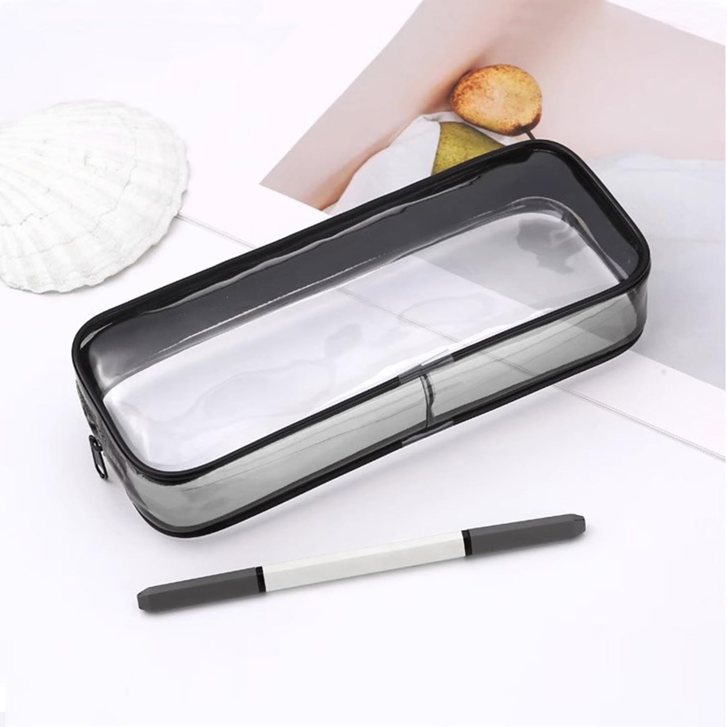 Juxiamal 2pcs Clear Cases with Zipper, Multi-use Travel Makeup Brush Bags Toiletries Exam Pouch Case Travel Luggage Make up Cosmetic Bag (Black and White)