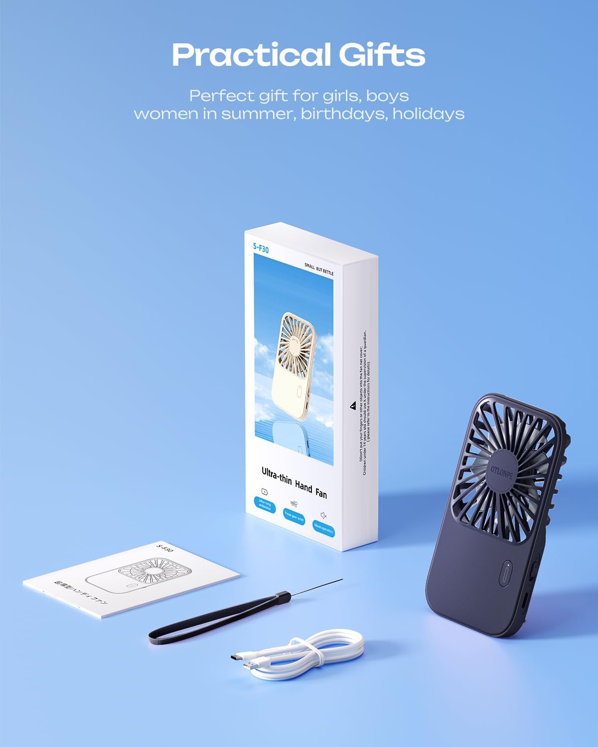 Otlonpe Rechargeable Mini Portable Handheld Fan, Small Personal Battery Powered Handheld Portable Fans for Hand Held Desktop Travel, Foldable Stand, Slim Cordless, Wrist Strap, 3-Speed (Blue)