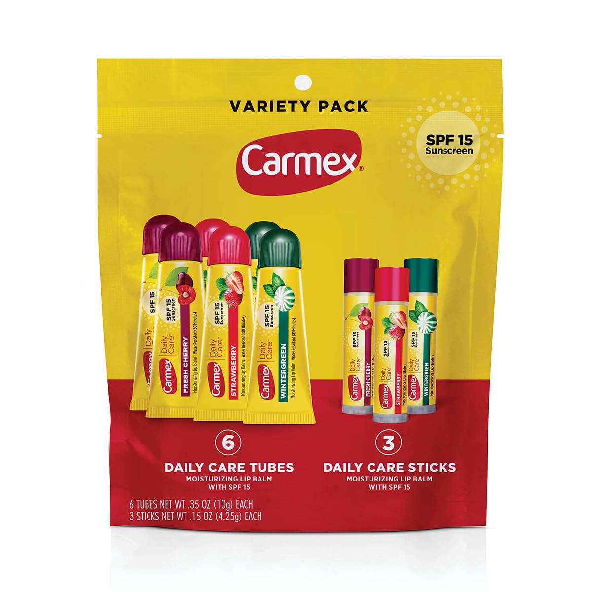 Carmex Daily Care Moisturizing Lip Balm Pack, SPF 15, Multi-Flavor Lip Care Variety Pack Bag, 9 Count (6 Tubes, 3 Sticks)