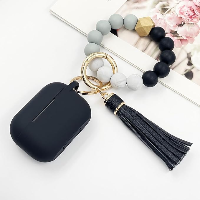 Compatible with Airpods Pro Soft Silicone Case Cover with Bracelet Keychain for Apple Airpod Pro 1st Generation Case for Women (Black)