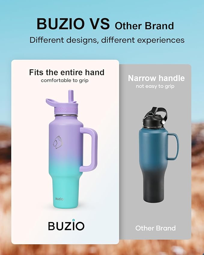 BUZIO Insulated Water Bottle Cup Holder Friendly, 40 oz Metal Travel Tumbler with Handle, Dishwasher Safe Thermo with Straw, Keep Cold for 48hrs, Dark Purple Green