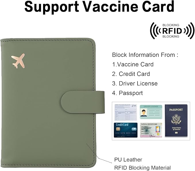 Cnycmy Passport-Wallet-Holder and Vaccine Card Slot, Rfid, Waterproof, PU Leather Travel Passport Case for Women/Men (Moss green)