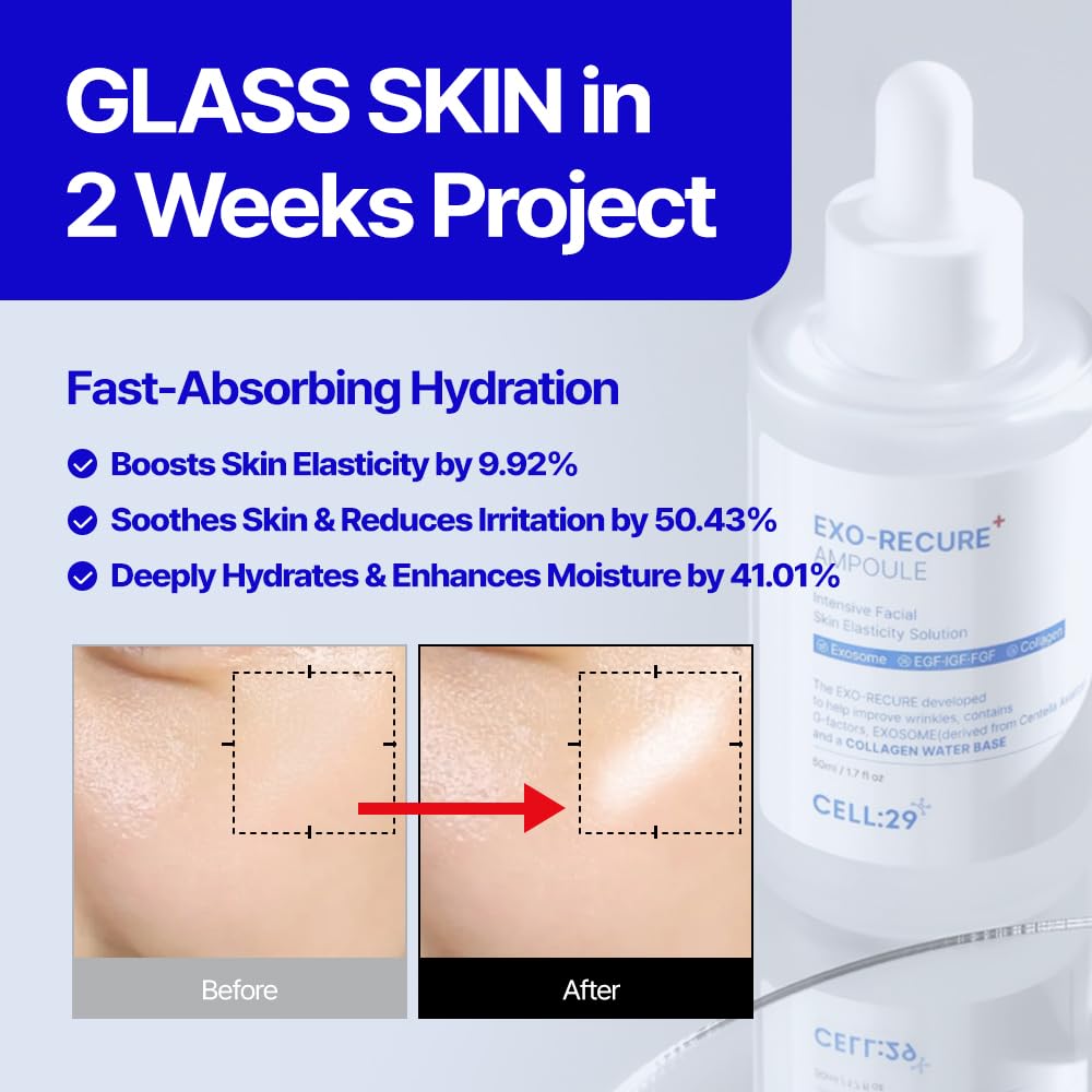 CELL29 Exo-Recure Ampoule Exosome 10,000 PPM Collagen Water Fast Absorption Deep Hydration Rejuvenation Anti-Aging Glass Skin Pore Minimizer Skin Barrier KOREAN SKINCARE 50ml 1.71 Fl.Oz