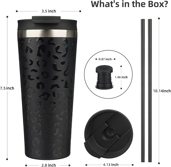 BJPKPK 22oz Insulated Tumbler With lid And Straw Stainless Steel Tumblers Travel Coffee Mug Reusable Thermal Cup,Black Leopard