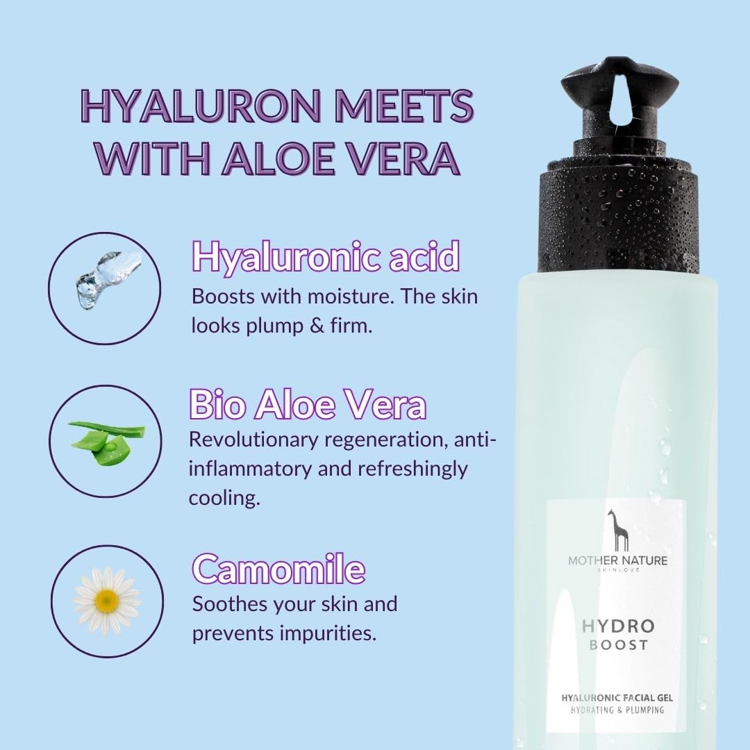 Hyaluronic Acid Moisturiser Gel with Organic Aloe Vera - NATURAL VEGAN COSMETICS - 100ml - Intensive Hydration - Anti-Ageing and Anti-Wrinkle Face Care for Men and Women