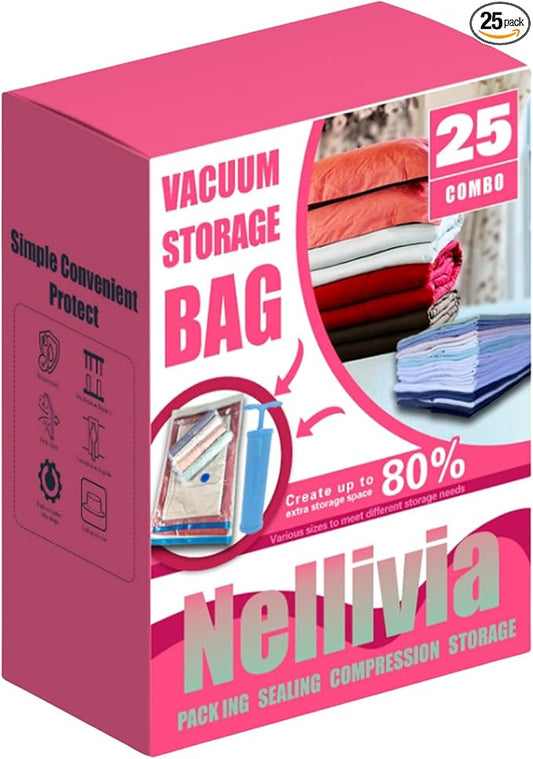 25 Pack Vacuum Storage Bags with Pump, Compression Space Saver for Comforter, Bedding, Blanket Storage, Vacuum Seal Bags for Clothing, Luggage and Closet Organizer
