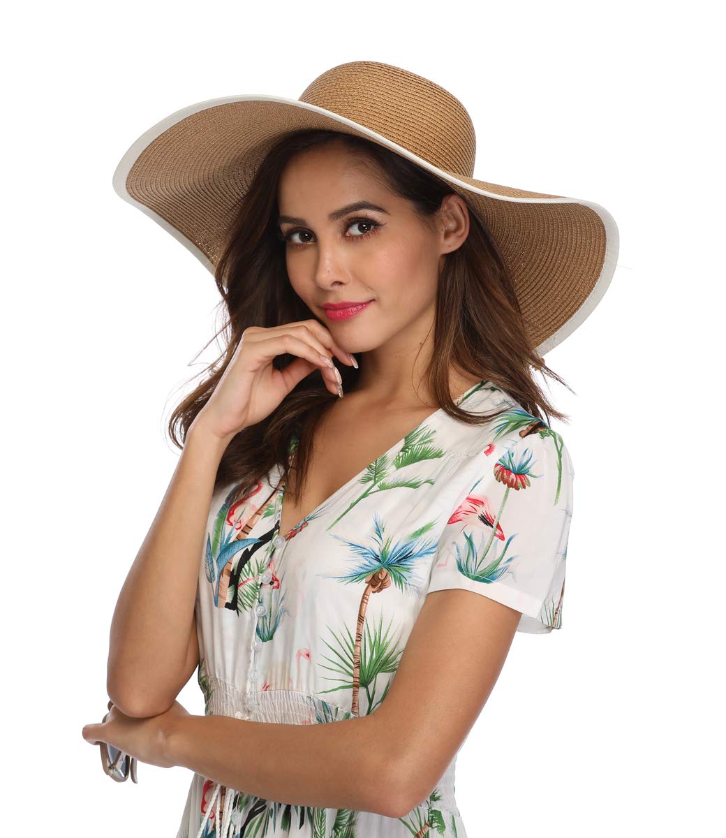 Lanzom Womens Wide Brim Straw Hat Big Floppy Foldable Roll up Cap Beach Sun Hat UPF 50+(Twine-Khaki)