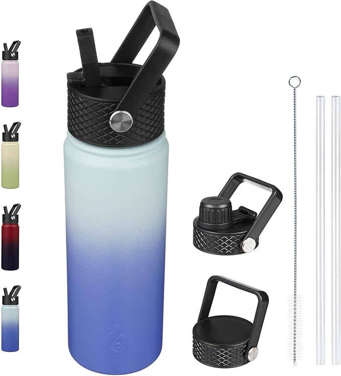 BJPKPK Insulated Water Bottles with Straw Lid, 22oz Cold & Hot Thermo, Stainless Steel Metal Water Bottle with 3 Lids, Reusable Thermo, Cups, Mugs for Daily Use-Sky