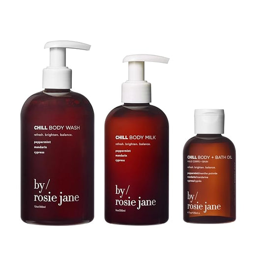 By Rosie Jane Chill Body Care Bundle – Chill Bath & Body Oil (125ml), Body Milk with AHA & Peppermint (250ml), Hydrating Body Wash with Mandarin & Cypress (350ml), Relaxing Aromatherapy Trio