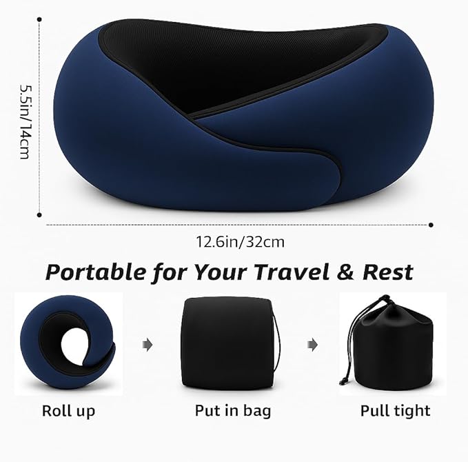 Travel Pillow, Travel Pillows for Airplanes, 100% Pure Memory Foam Travel Neck Pillow with Eye Mask & Ear Plugs, Comfort and Ergonomic Design, Ideal for Airplanes, Cars and Offices