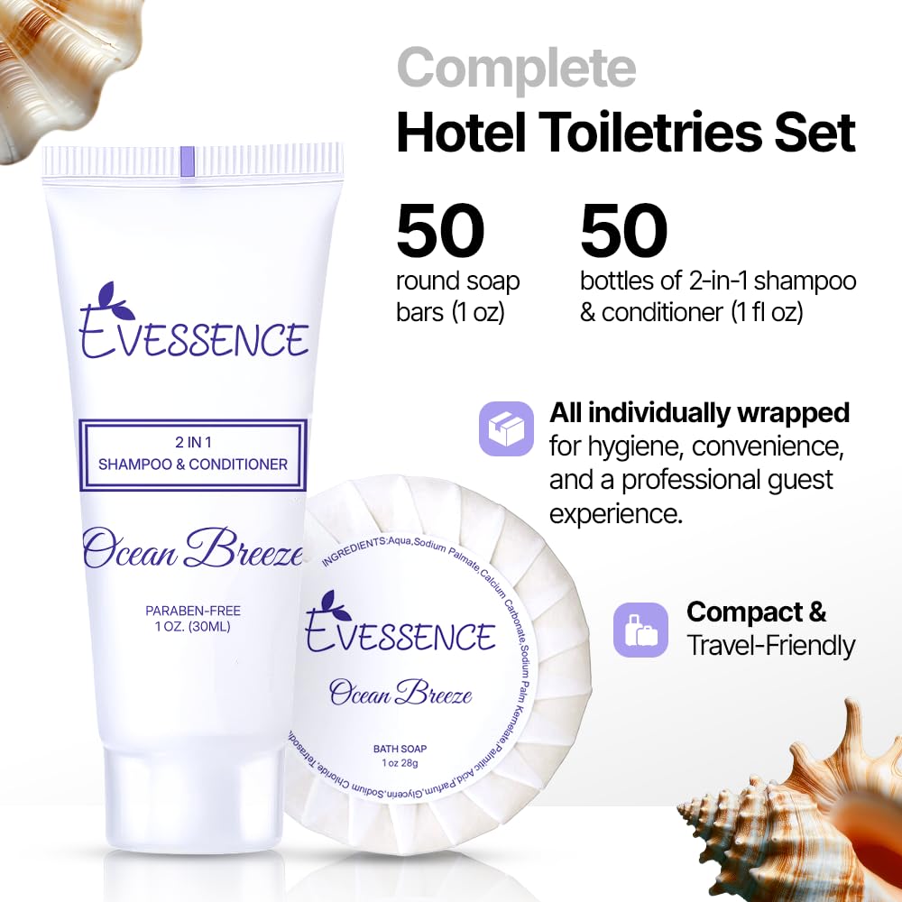 Evessence Bath Soap & Shampoo Set, 1 oz Each, 100 Piece Hotel Amenities, Round Bars