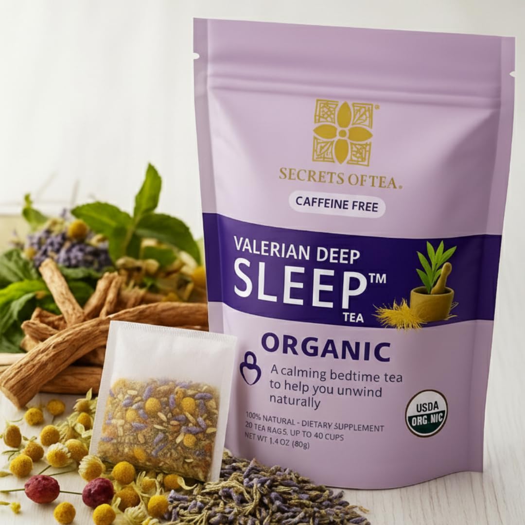 Secrets Of Tea Valerian Sleep Tea - Natural USDA Organic Caffeine-Free Tea- Herbal Tea for Sleep and Relaxation with Lavender, Chamomile and Lemon Balm - 20 Count(1 Pack)