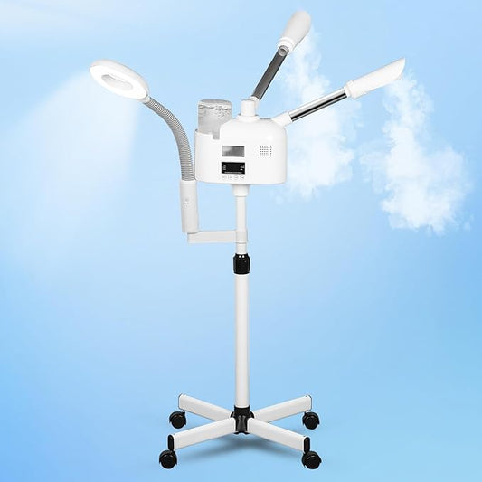 Pro Rolling Facial Steamers for Face Professional 3 in 1 Facial Steamer Humidifier with 5X Mag Lamp,Face Steamer Standing Warm Cold Mist Digital LCD Screen for Home Salon Spa