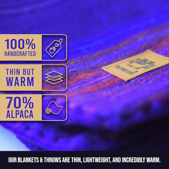 Alpaca Wool Blanket - Queen Size Bed Throw & Warm, Lightweight, Couch or Camp - Outdoor - 87 x 64 Inches (Blue & Purple)