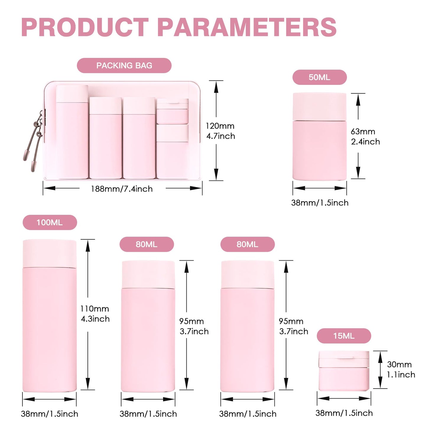 Travel Bottles for Toiletries, 5 Pack Travel Size Containers, TSA Approved Leak Proof - Refillable Silicone Toiletry Containers with Clear Bag for Shampoo, Conditioner & Lotion (Pink)