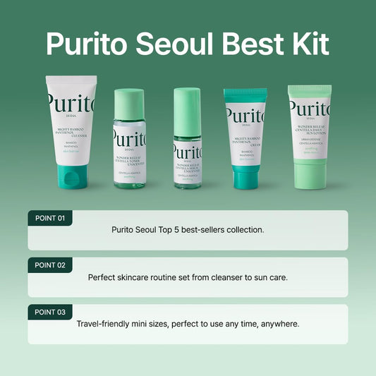 PURITO SEOUL Best Kit - Skincare Routine with Panthenol Cleanser & Cream, Unscented Centella Serum & Toner, For All Skin Types, Gift Set, For Face, Facial Serum, K-Beauty, 3.52 fl. oz.