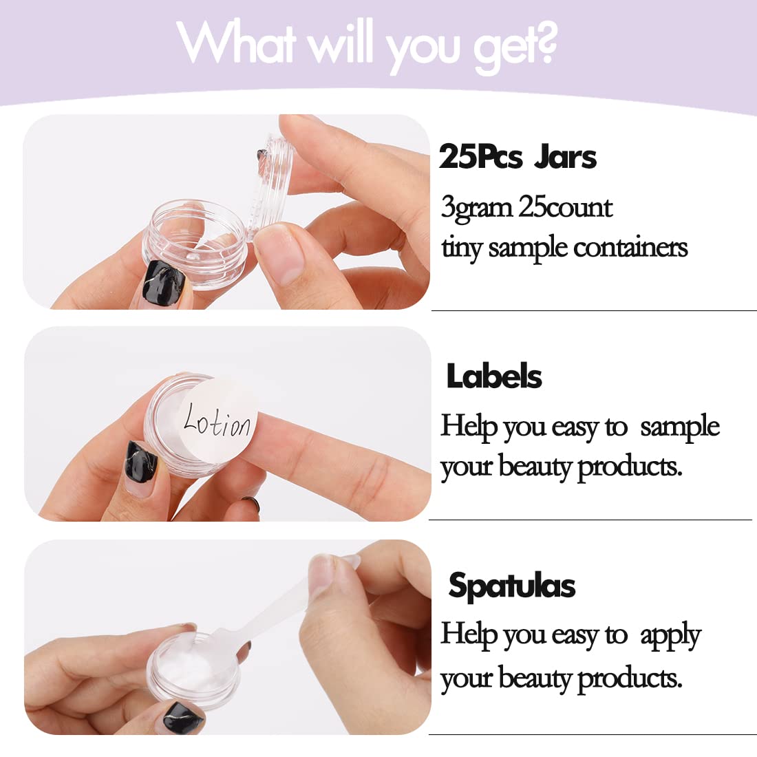 3 Gram Sample Containers With Lids, 25 Count Clear Jars, Empty Lip Balm, Mini Cosmetic Makeup Travel With Labels, Mini Disposable Spatulas