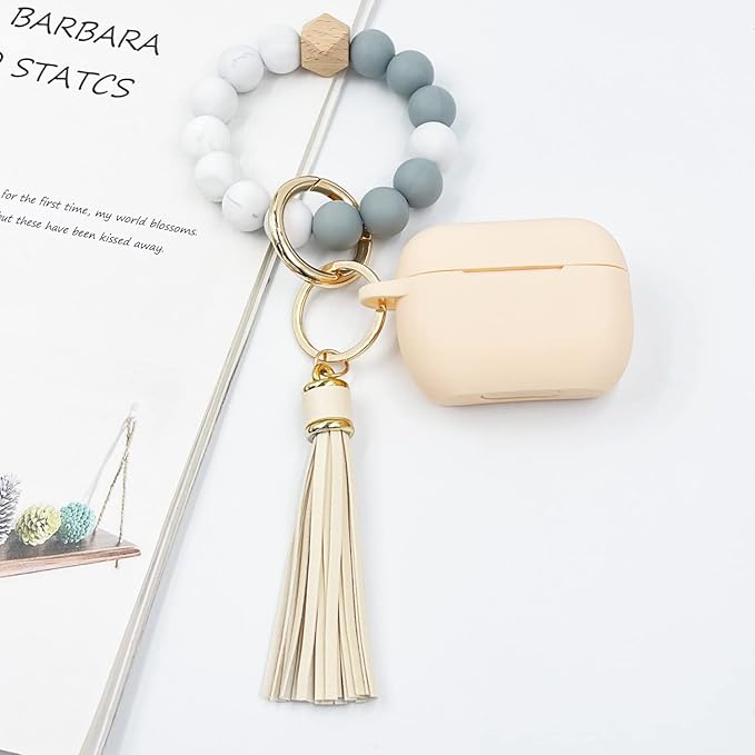 Compatible with Airpods Pro Soft Silicone Case Cover with Bracelet Keychain for Apple Airpod Pro 1st Generation Case for Women (Beige)