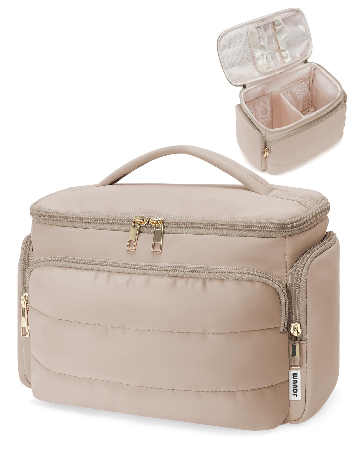 WANDF Travel Toiletry Bag for Women, Wide-open Large Makeup Bag with Handle, Puffy Makeup Organizer for Toiletries, Cosmetics, Accessories, Essentials (Light Khaki)
