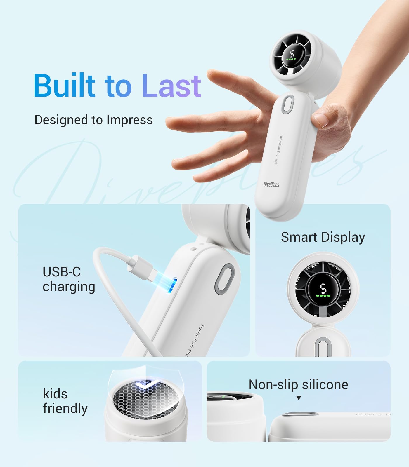 Diveblues High-Speed Portable Handheld Turbo Fan, USB Rechargeable Battery Powered, Small Portable Pocket Fan for Travel, Outdoor, Home, Office, Concerts, Lash, Gift for Women(White)