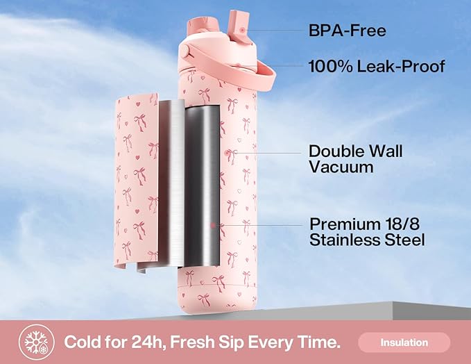 26 oz Insulated Water Bottle with 2-in-1 Straw and Spout Lid, Keep Cold 24H, Leak-Proof, Fits in Car Cup Holder, Stainless Steel Water Bottle for Sports, Travel, and School (Sweetheart Bow)