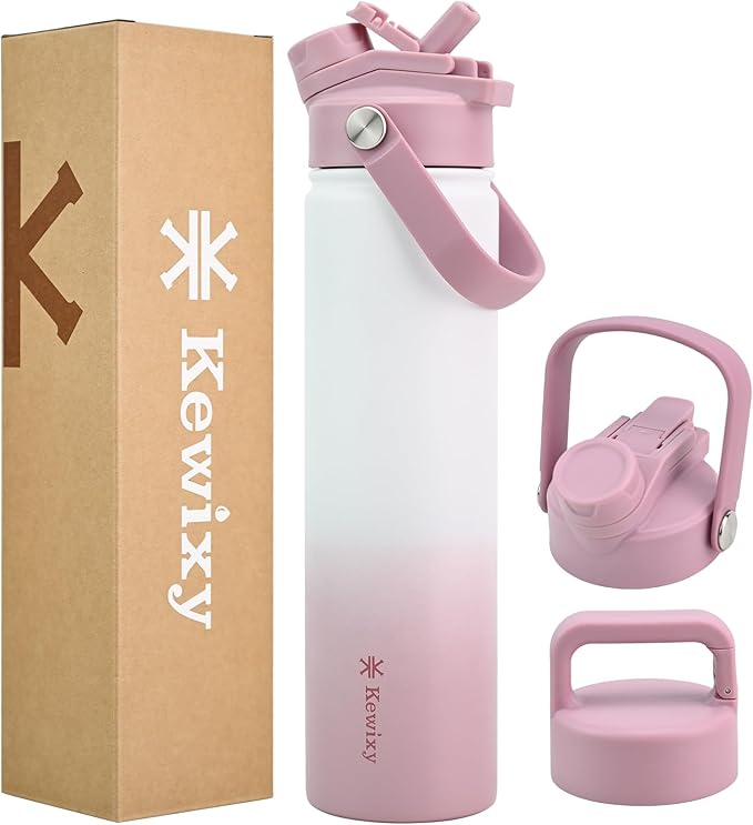 24 oz Insulated Water Bottle, 2-in-1 Lid, Straw & Spout with Protected, Leak Proof, Keep Cold, Stainless Steel, Metal, Reusable, Handle, for Travel, Gym and School, 2 Lids, Iced Plum