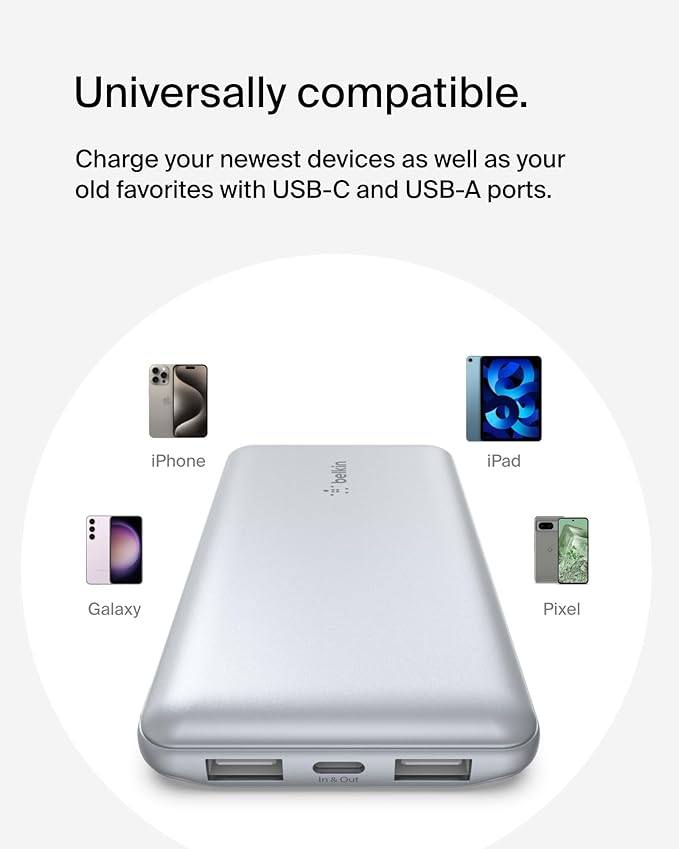 Belkin Portable Charger, USB C Power Bank 10,000mAh w/ 2xUSB-A Ports, 15W w/Type-C to Type-A Cable for iPhone 17, Air, Samsung Galaxy S25, iPad, Nintendo Switch 2, Google Pixel 10, etc. - Pearl Blue