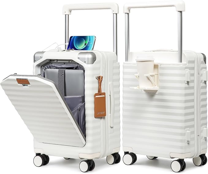 Joyway 20 Inch Carry on Luggage with Front Pocket, PC Hardshell Carry-on Suitcase with USB Port and Cup Holder, 21.5x14.2x9 Airline Approved, Luggage with Spinner Wheels and TSA Lock (White)