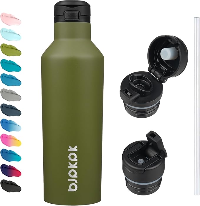 BJPKPK Insulated Water Bottle With Straw 25oz Stainless Steel Water Bottles With 2 Lids And Carry Handle Reusable Travel Metal Thermo,Olive Green