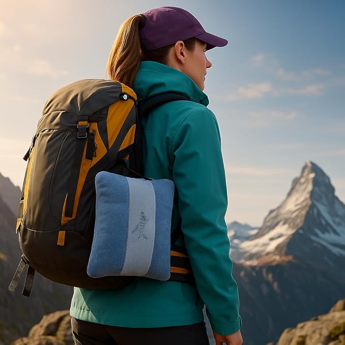 Melissa Large Travel Blanket and Inflatable Pillow Set - 69“ x 43.3” – Soft Blanket with Carry Bag – Lightweight, Compact & Washable for Backpacking, Hiking, Airplane, Car, Office, Camping (Blue)