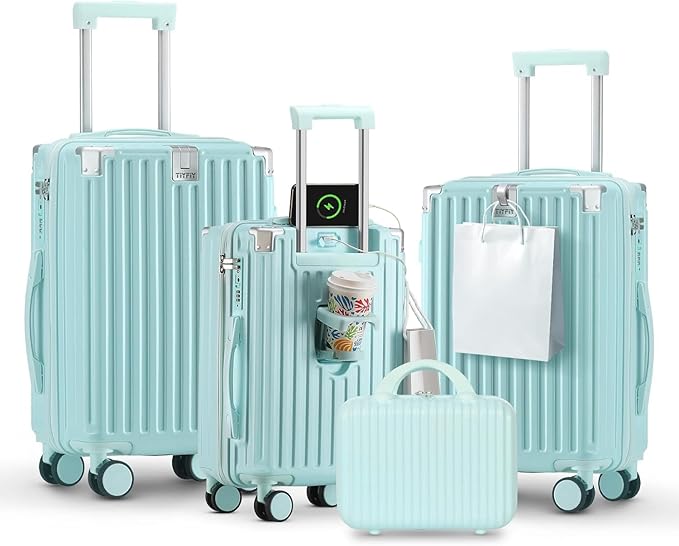 20 Inch Carry On Luggage With Cup Holder & USB Port, Airline Approved TSA-locked Luggage, Lightweight PC Material Travel Suitcase With 360° Spinner Wheel (14-20-24-28in Blue, 14-20-24-28in)