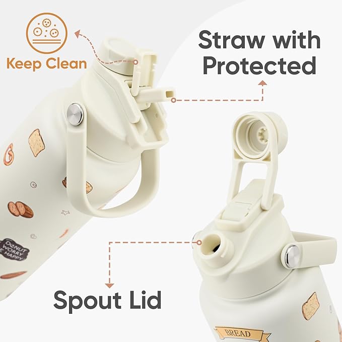 32 oz Insulated Water Bottle, 2-in-1 Lid, Straw & Spout with Protected, Leak Proof, Keep Cold, Stainless Steel, Metal, Reusable, Handle, for Travel, Gym and School, Bake Beige