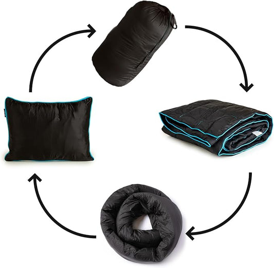 Ripstop Outdoor Camping Pillow and Blanket 3-in-1, Versatile Lightweight Nylon Waterproof Stadium Blanket, Ultralight Backpacking Essentials, Travel Blanket and Pillow Set - Black/Turquoise