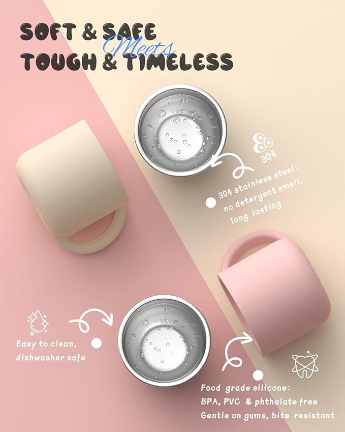 2-IN-1 Open Baby Cups, Stainless Steel Tiny Cup + Silicone Training Cup for Toddlers Kids Babys, No Plastic Taste | No Soap Smell | Shock-proof BLW Feeding Essentials, 2-Pack, Blush/Beige