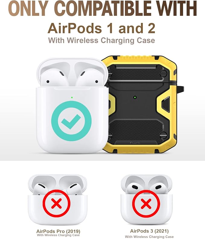 Koaichi Compatible with AirPods Case, Full-Body Rugged Hard Shell Protective Case Cover with Keychain Designed for AirPods 1st & 2nd, Black/Yellow
