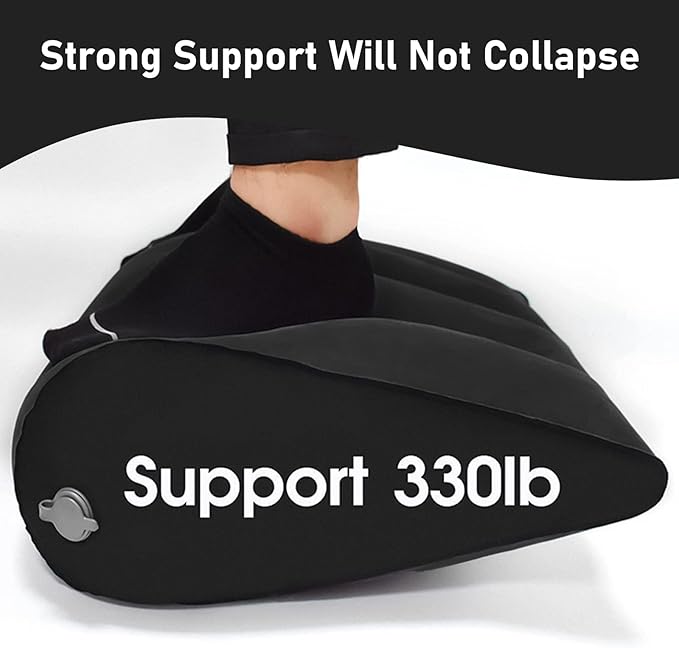 Inflatable Bed Wedge Pillow for Traveling – Portable Inflatable Cushion for Sleeping in Bed, Leg Elevation & Back Support, Quick Inflate Camping Pillow, Home & Airplane Use (Black)