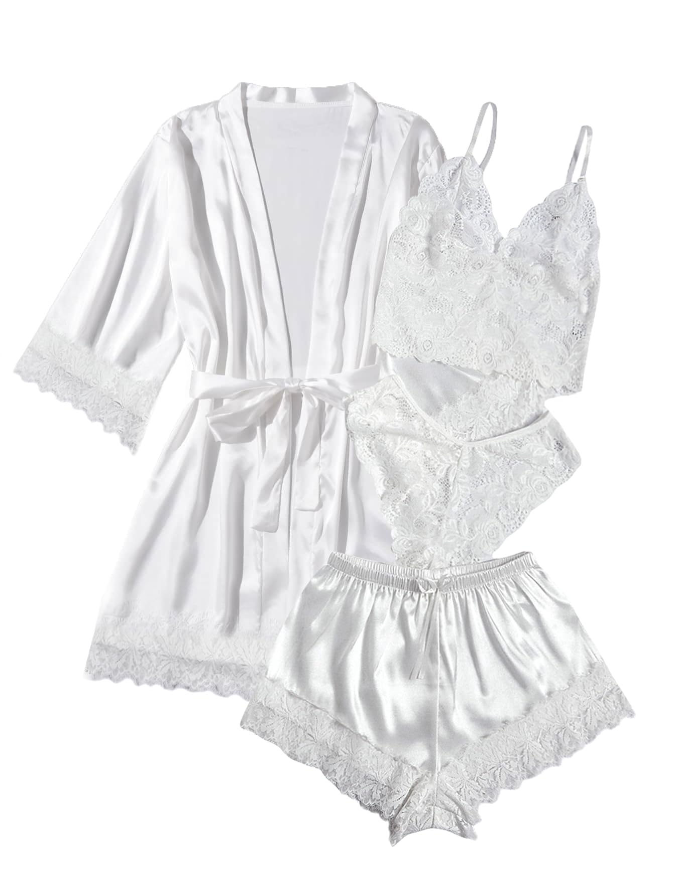 WDIRARA Women' Silk Satin Pajamas Set 4pcs Lingerie Floral Lace Cami Sleepwear with Robe Snow White M