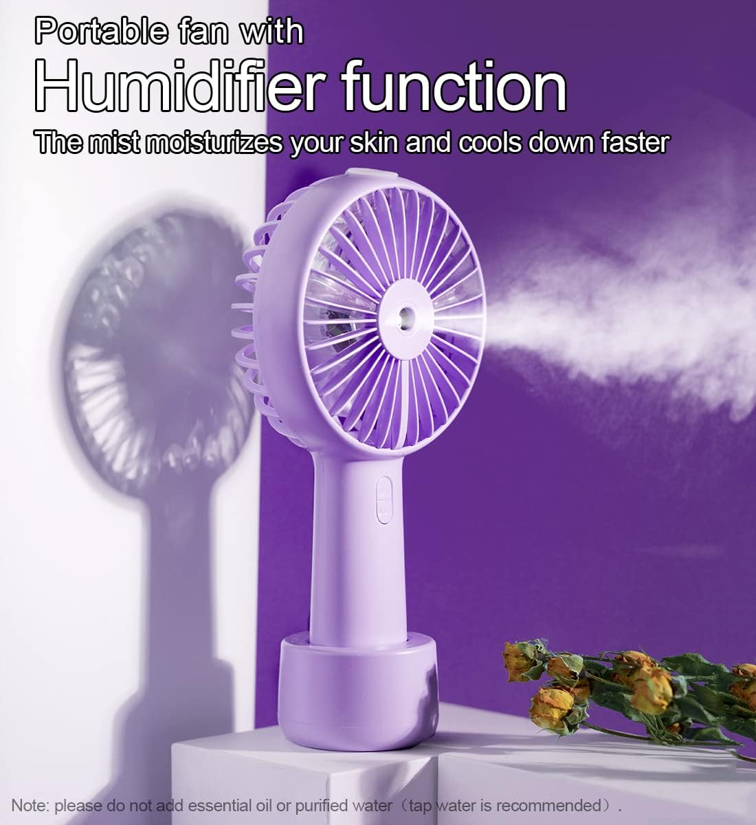 Portable Hand held Misting Fan, Small Personal USB Rechargeable Battery Operated Spray Fan Mister with 20ml Water Tank Mist Lash Quiet 3 Speed Strong Cooling Wind for Travel Office Outdoors purple