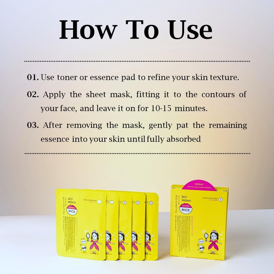 MIDHA Rice Milk Mask Hydro Glowing, moisturizing and glowing facial sheet mask 5ea 1Pack, helps to immediately hydrate and make natural glowy skin