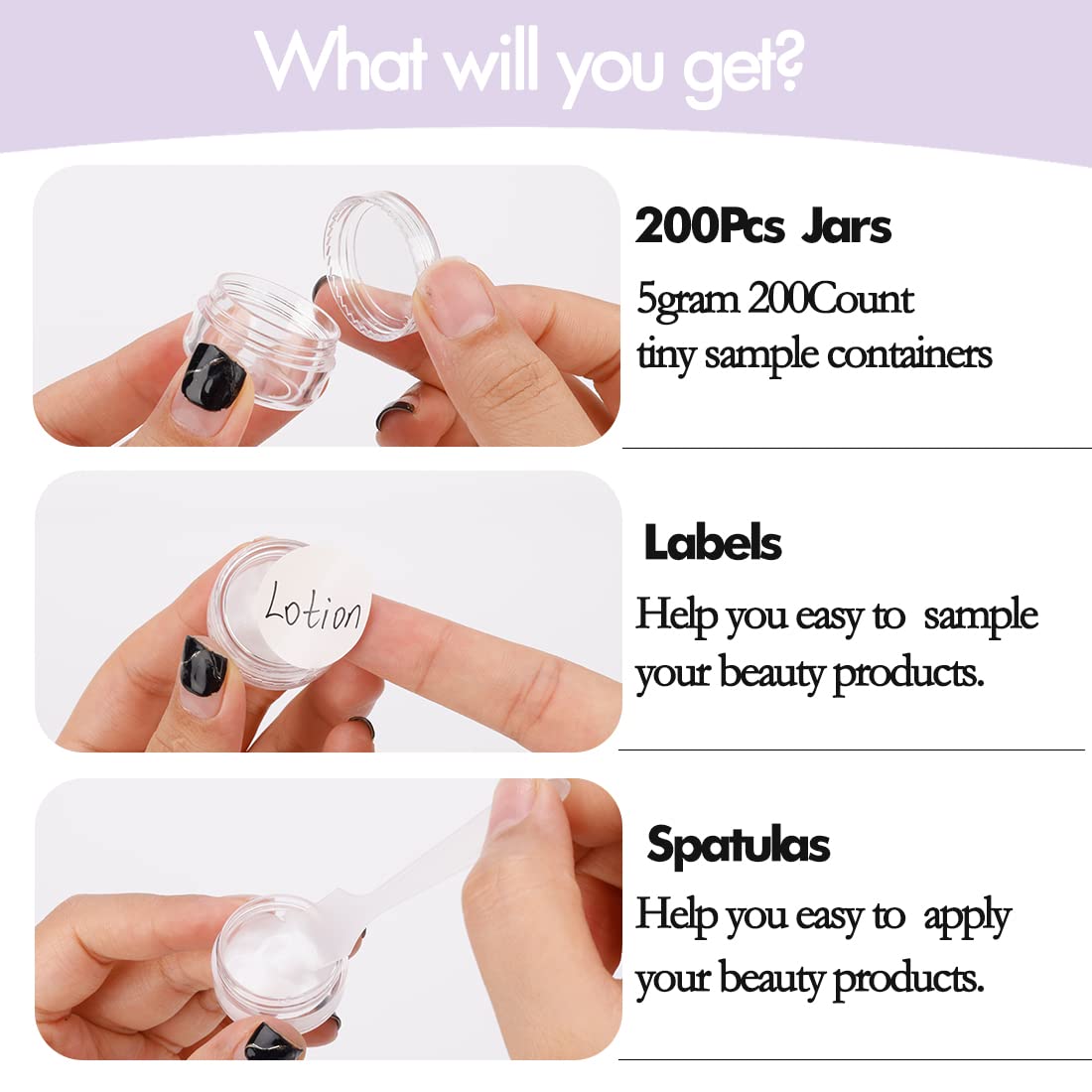 5 Gram Sample Containers With Lids, 200 Count 5ML Clear Jars, Empty Lip Balm Containers, Small Makeup Travel Jars for Glitter, Lotion, Cream, Beads, With Labels, Mini Spatulas
