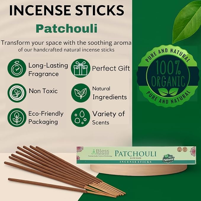 Bless-Patchouli 100%-Natural-Handmade-Hand-Dipped Organic-Chemicals-Charcoal-Free Purification-Relaxation-Positivity-Yoga-Meditation Best-Woods-Scent (80 Sticks (4.20 OZ))