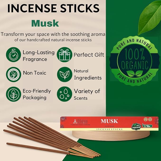 Bless-Musk 100%-Natural-Handmade-Hand-Dipped-Incense-Sticks Organic-Chemicals-Charcoal-Free Purification-Relaxation-Positivity-Yoga-Meditation Best-Woods-Scent (100 Sticks(5.25 OZ))