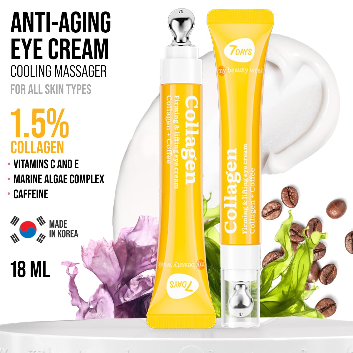 7DAYS Eye Cream with Collagen – Korean Skin Care Under Eye cream Treatment with Cooling Applicator, Anti Aging & Brightening Formula for Puffiness and Fine Lines – 0.6 fl. oz