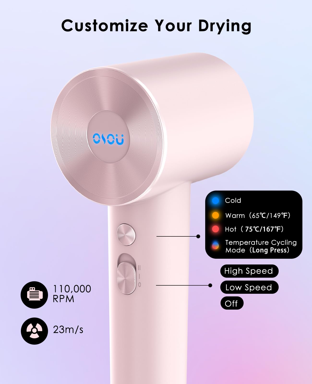 OSOU Hair Dryer with Diffuser for Curly Hair, Negative Ionic Hairdryer, High-Speed Blow Dryer with 110, 000 RPM Brushless Motor, Fast Drying Lightweight Travel Hairdryer, Low Noise Quiet Hair Dryers