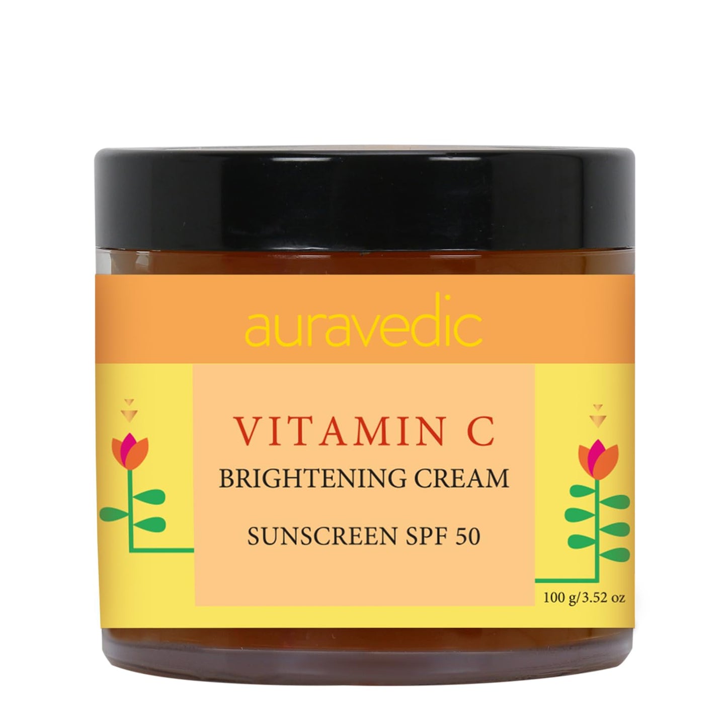 Auravedic Vitamin C Face Cream with SPF 50 for Glowing Skin | Reduces Sun Damage & Revives Dull Skin | Organic Hydration | Argan & Avocado Oil Infused Sunscreen Moisturizer | 3.53 Oz (100g)