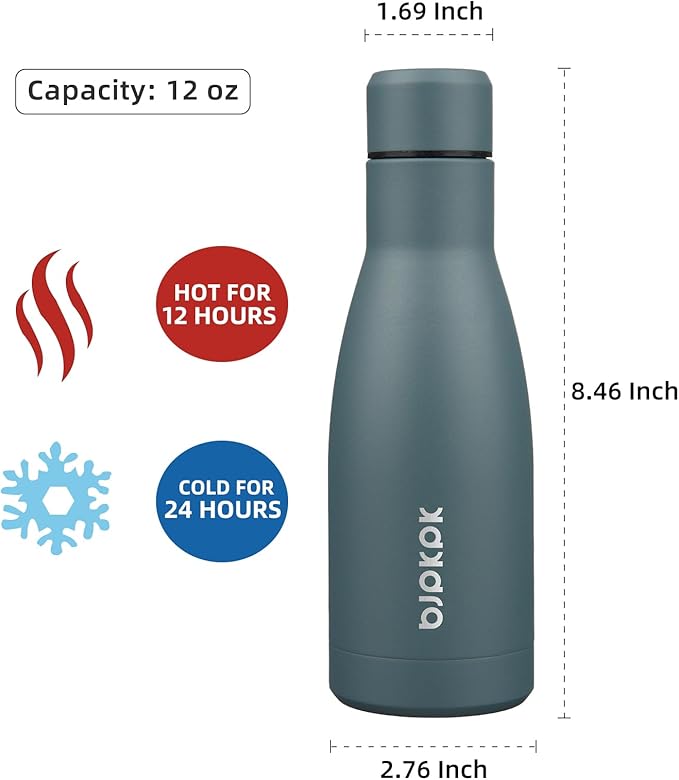 BJPKPK 12oz Water Bottles Stainless Steel Double Wall Vacuum Insulated Small Water Bottles for Travel,Deep Grey